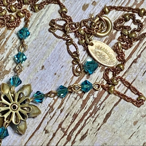 2 pc Set! Liz Palacios Necklace + Earrings Swarovski Crystal Flowers Green+ Aqua - Picture 4 of 11